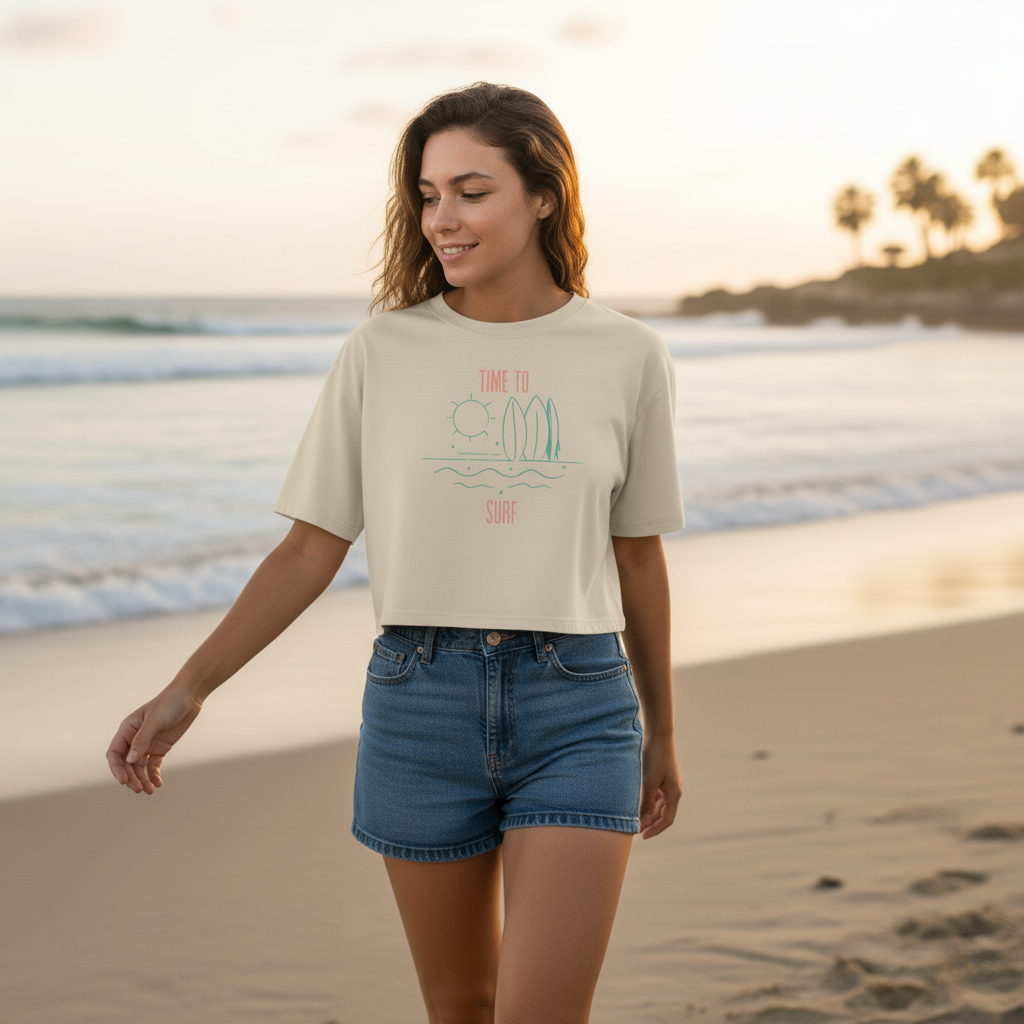 Damen Oversize Crop Top - Time to surf